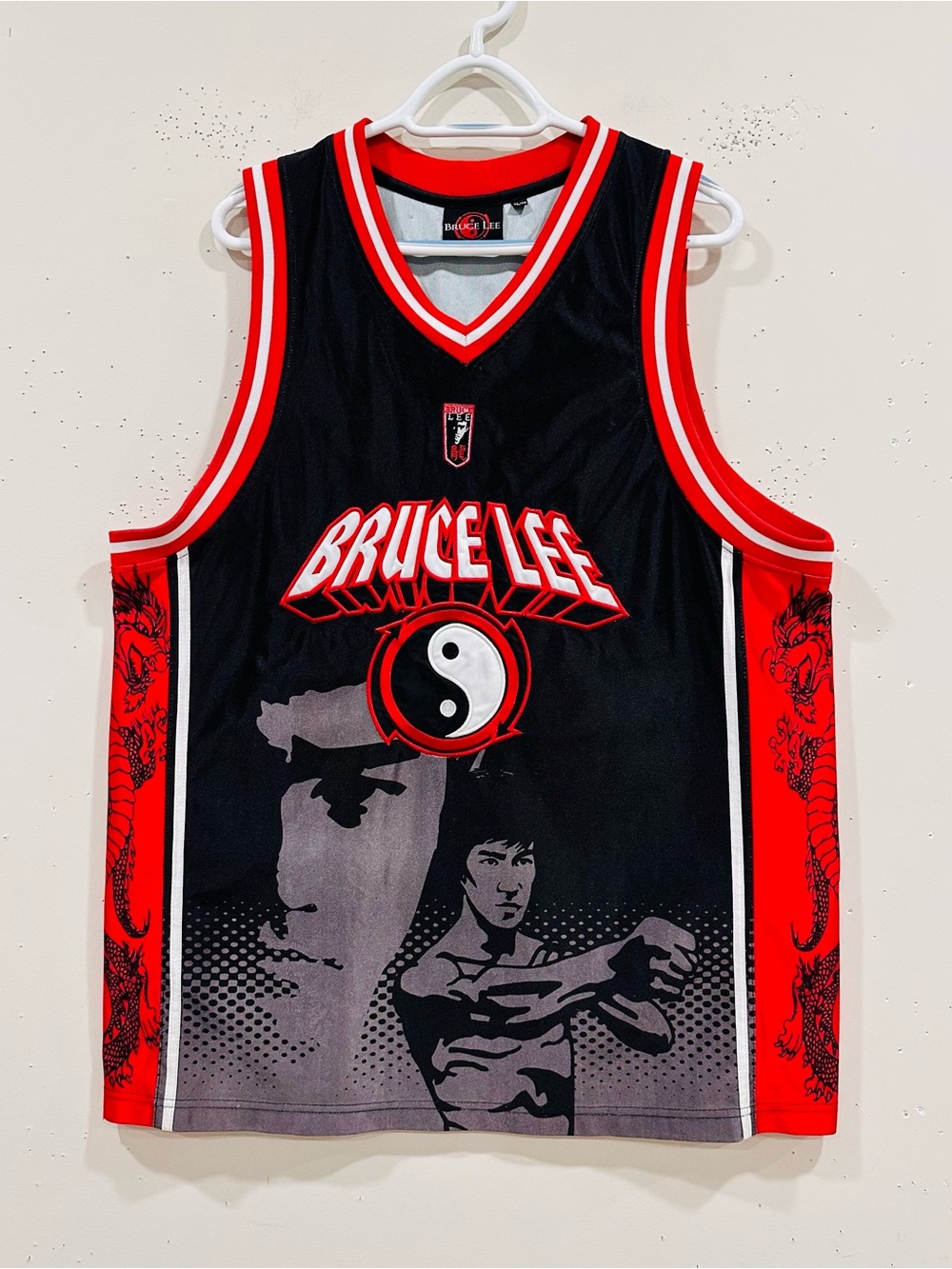 Vintage Bruce Lee The Dragon Basketball Jersey Black Red Men's Size XL/TG Rare
